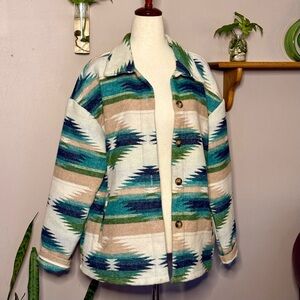 White with Earthy Toned Southwest Pattern Winter Collared Jacket with Pockets